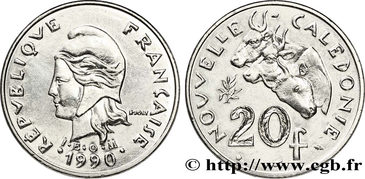 NEUKALEDONIEN 20 Francs I.E.O.M. Marianne / zébus d’élevage de Nouvelle Calédonie  1990 Paris VZ 
