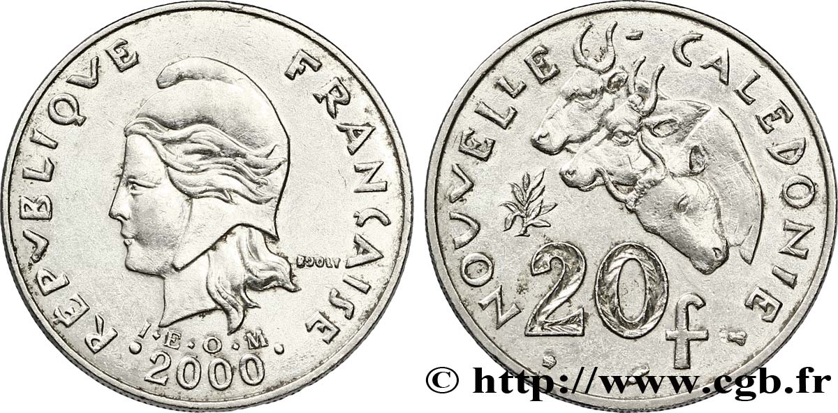 NEW CALEDONIA 20 Francs I.E.O.M. Marianne / zébus d’élevage de Nouvelle Calédonie  2000 Paris AU 