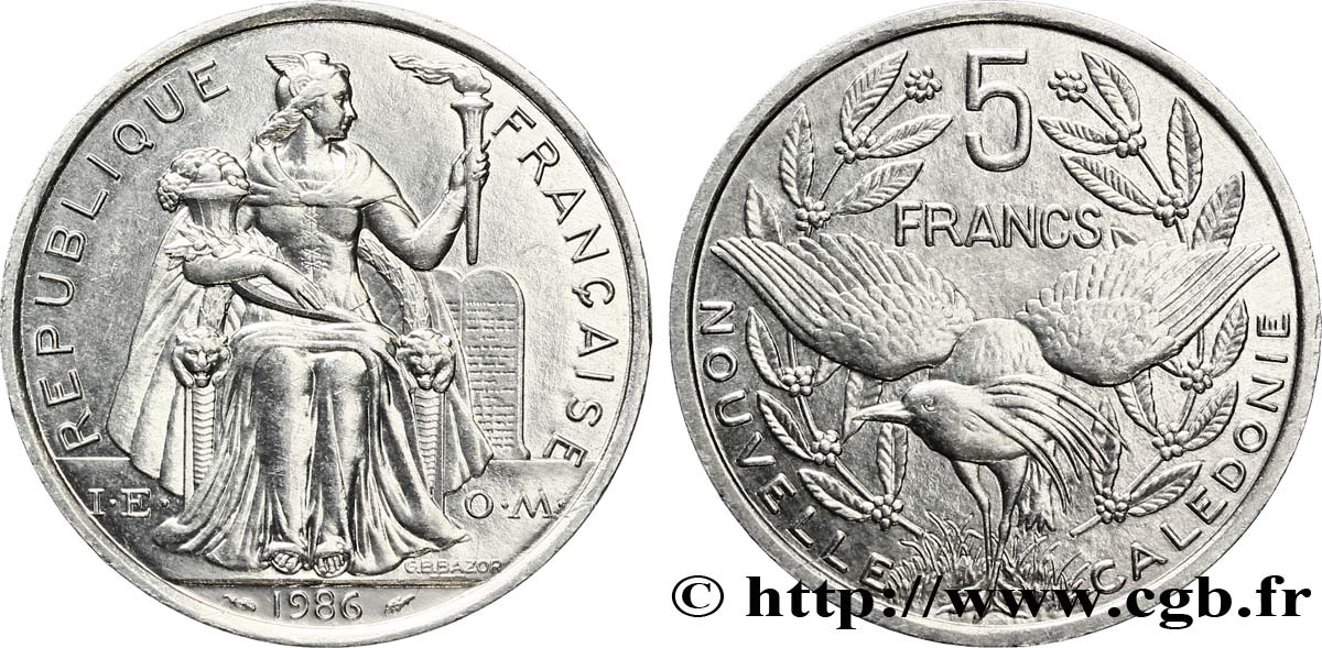 NEW CALEDONIA 5 Francs I.E.O.M. représentation allégorique de Minerve / Kagu, oiseau de Nouvelle-Calédonie 1986 Paris MS 