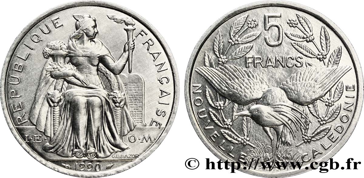 NEW CALEDONIA 5 Francs I.E.O.M. représentation allégorique de Minerve / Kagu, oiseau de Nouvelle-Calédonie 1990 Paris MS 