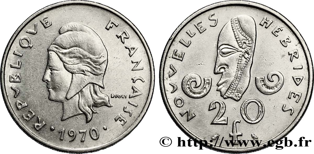 NEW HEBRIDES (VANUATU since 1980) 20 Francs Marianne / masque 1970 Paris AU 