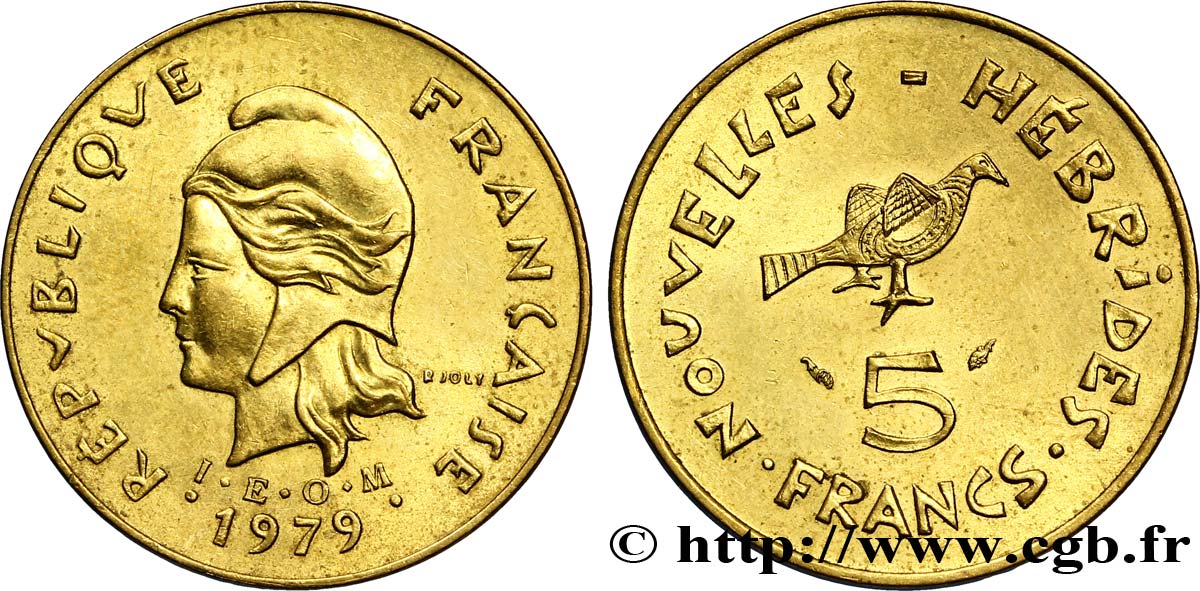 NEUE HEBRIDEN (VANUATU ab 1980) 5 Francs Marianne / oiseau
 1979 Paris VZ 