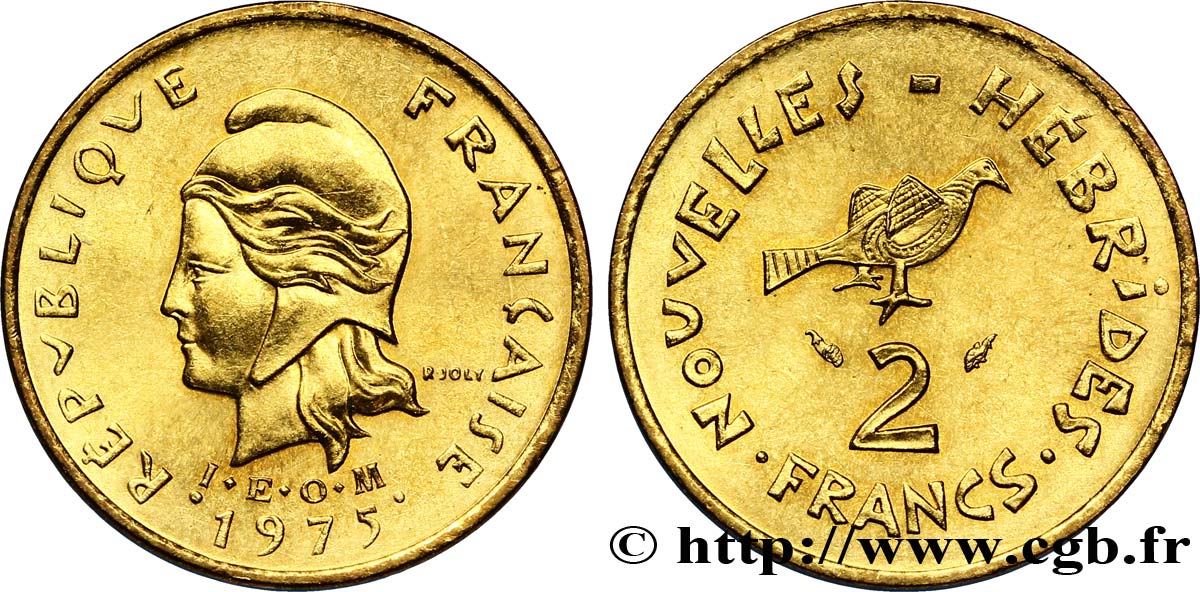 NUEVAS HÉBRIDAS (VANUATU desde 1980) 2 Francs I. E. O. M. Marianne / oiseau 1975 Paris SC 