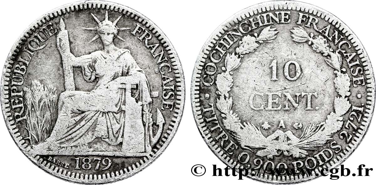 FRENCH COCHINCHINA 10 Centimes 1879 Paris VF 