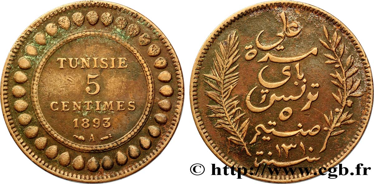 TUNESIEN - Französische Protektorate  5 Centimes AH1310 1893 Paris fSS 