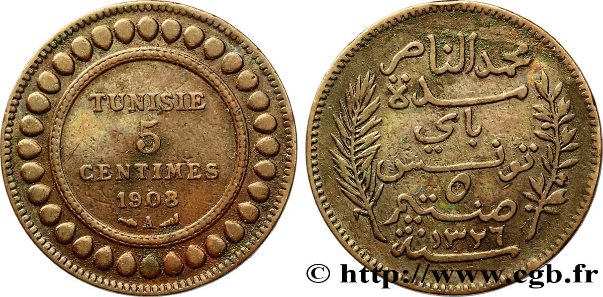 TUNEZ - Protectorado Frances 5 Centimes AH1326 1908 Paris BC+ 