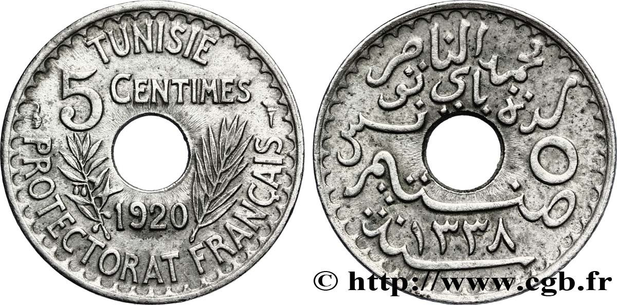 TUNISIA - French protectorate 5 Centimes AH1339 1920 Paris AU 