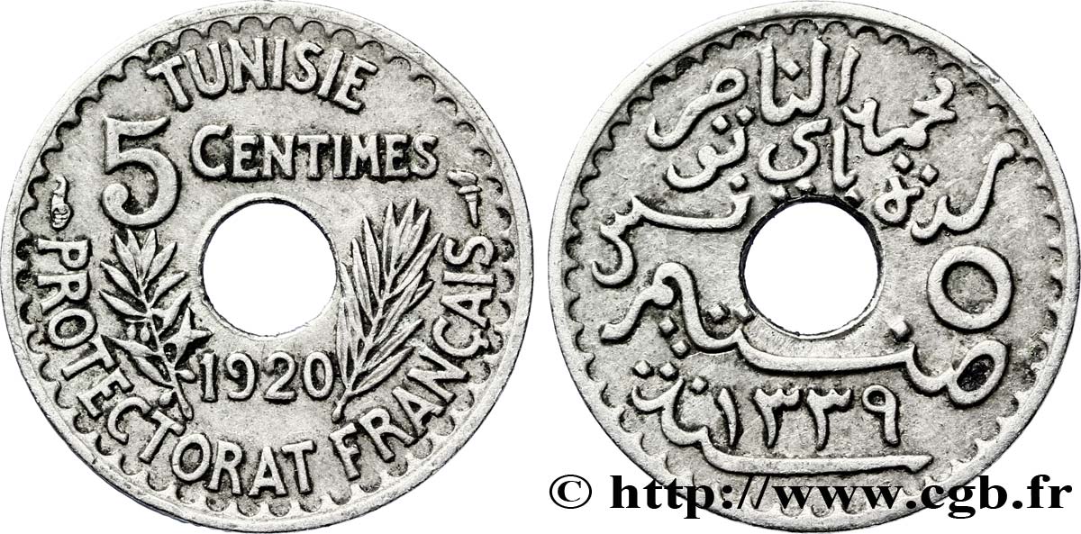 TUNISIA - Protettorato Francese 5 Centimes AH1339 frappe médaille 1920 Paris BB 