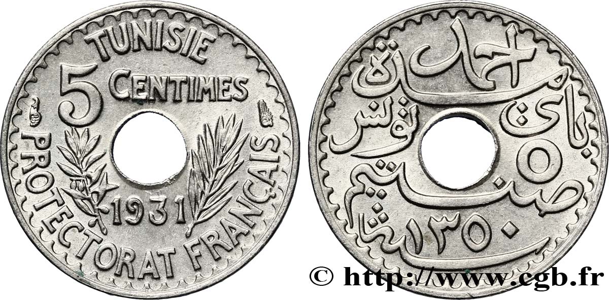 TUNESIEN - Französische Protektorate  5 Centimes AH1350 1931 Paris fST 