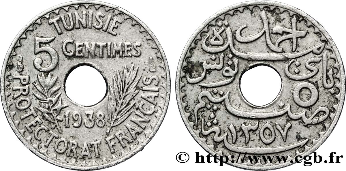 TUNISIA - French protectorate 5 Centimes AH 1357 1938 Paris XF 