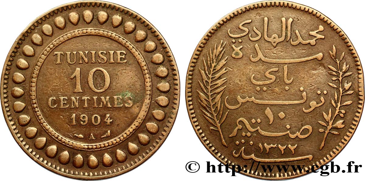 TUNISIA - French protectorate 10 Centimes AH1322 1904 Paris XF 