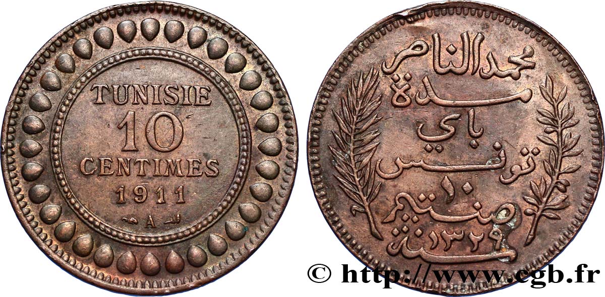 TUNISIA - Protettorato Francese 10 Centimes AH1329 1911 Paris SPL 