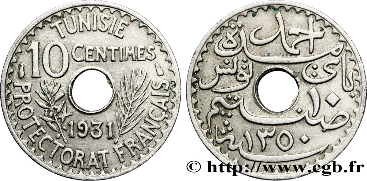 TUNISIA - French protectorate 10 Centimes AH1351 1931 Paris XF 