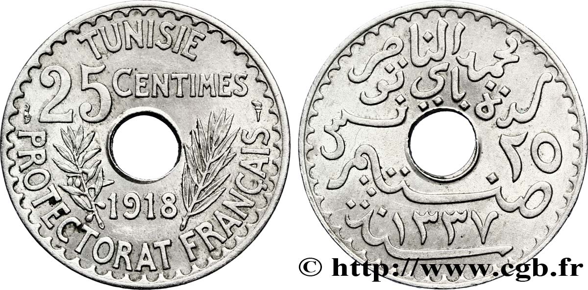 TUNISIA - Protettorato Francese 25 Centimes AH1337 1918  q.SPL 