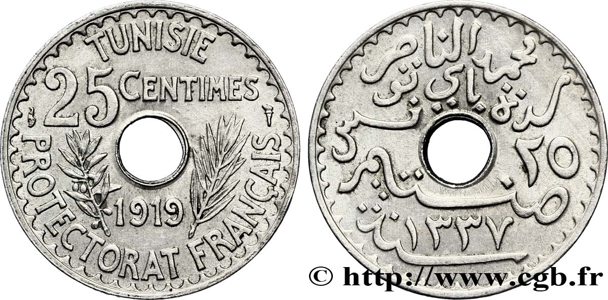 TUNESIEN - Französische Protektorate  25 Centimes AH1337 1919 Paris VZ 
