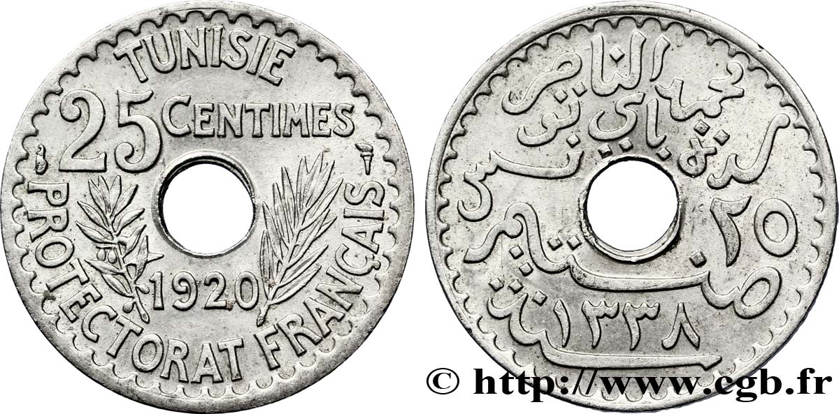 TUNISIE - PROTECTORAT FRANÇAIS 25 Centimes AH1338 1920 Paris SPL 