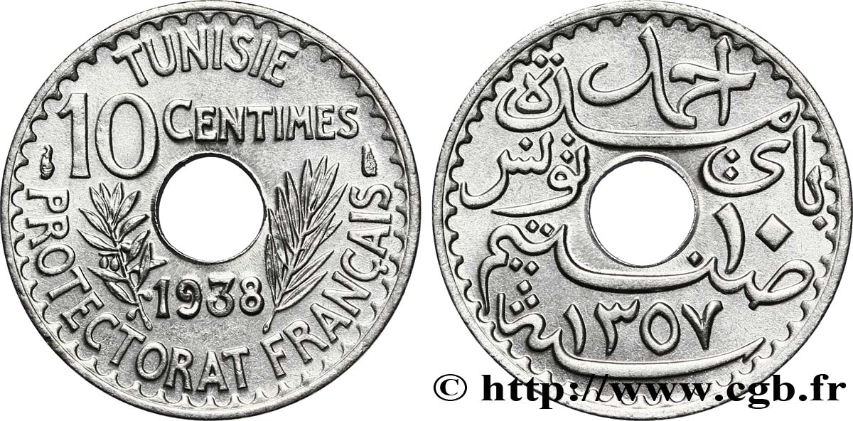 TUNESIEN - Französische Protektorate  10 Centimes AH1357 1938 Paris fST 