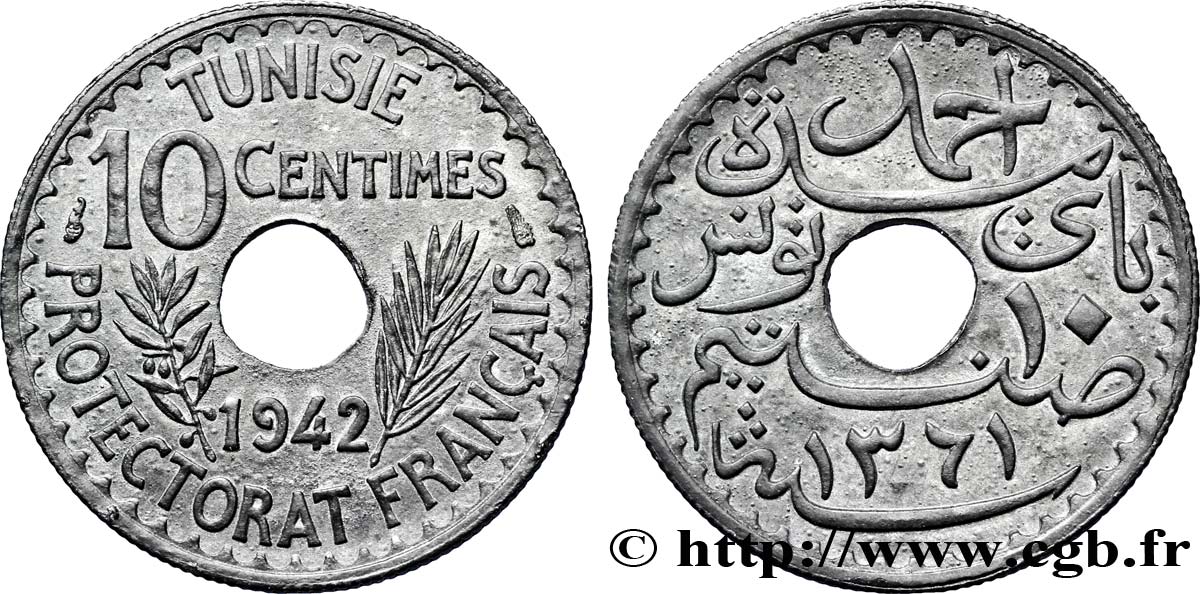 TUNISIA - Protettorato Francese 10 Centimes 1942 Paris SPL 