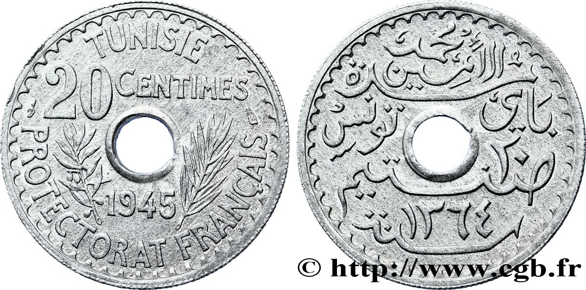 TUNISIA - French protectorate 20 Centimes 1945 Paris AU 