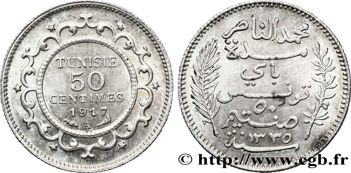TUNESIEN - Französische Protektorate  50 Centimes AH1335 1917 Paris fST 
