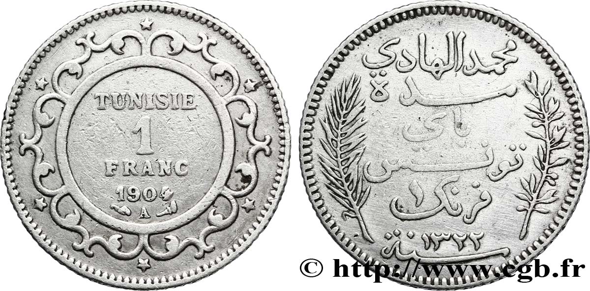 TUNISIA - French protectorate 1 Franc AH1322 1904 Paris - A VF 