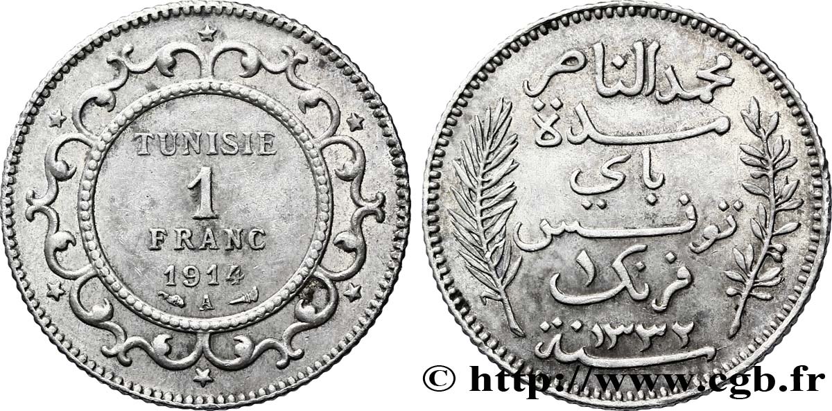 TUNESIEN - Französische Protektorate  1 Franc AH 1332 1914 Paris VZ 