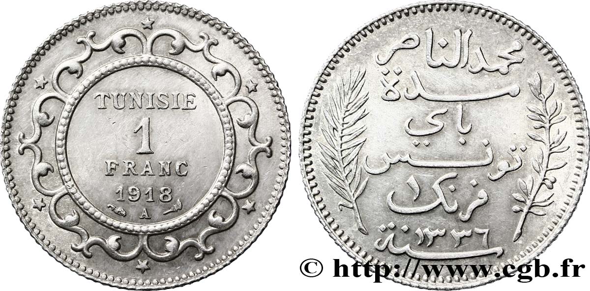 TUNESIEN - Französische Protektorate  1 Franc AH 1336 1918 Paris VZ 