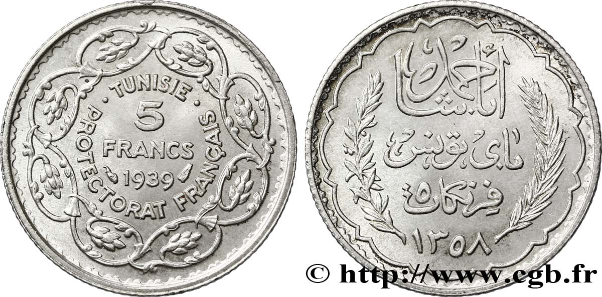 TUNESIEN - Französische Protektorate  5 Francs AH 1358 1939 Paris ST 
