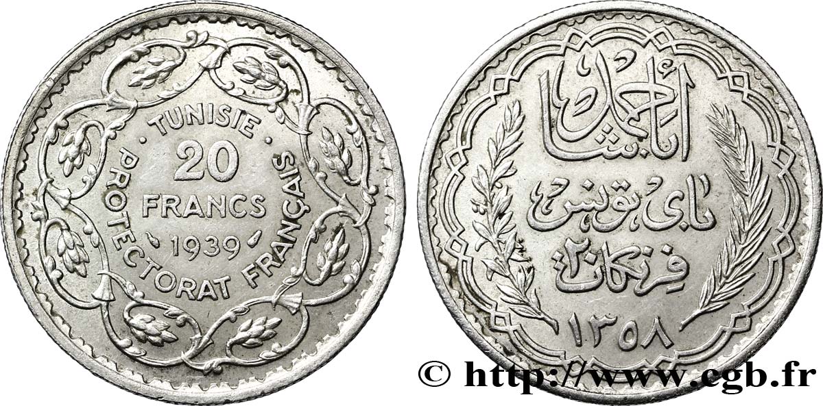 TUNISIE - PROTECTORAT FRANÇAIS 20 Francs au nom du  Bey Ahmed an 1358 1939 Paris SUP 