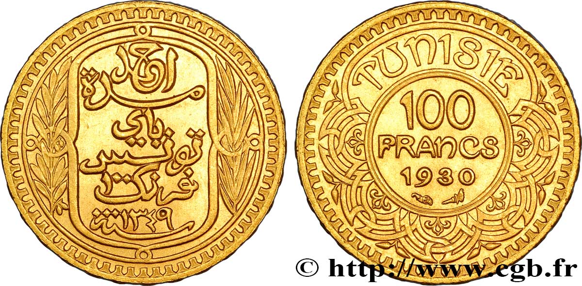 TUNISIA - Protettorato Francese 100 Francs or frappée au nom du Bey Ahmed 1930 Paris SPL 