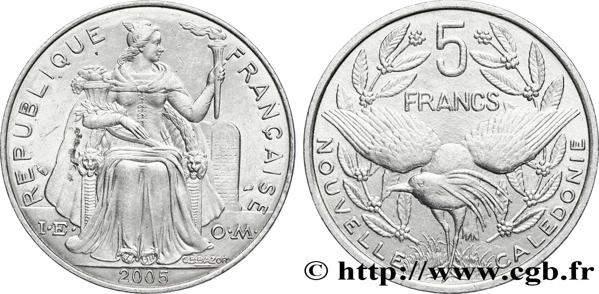 NUEVA CALEDONIA 5 Francs I.E.O.M. représentation allégorique de Minerve / Kagu, oiseau de Nouvelle-Calédonie 2005 Paris EBC 