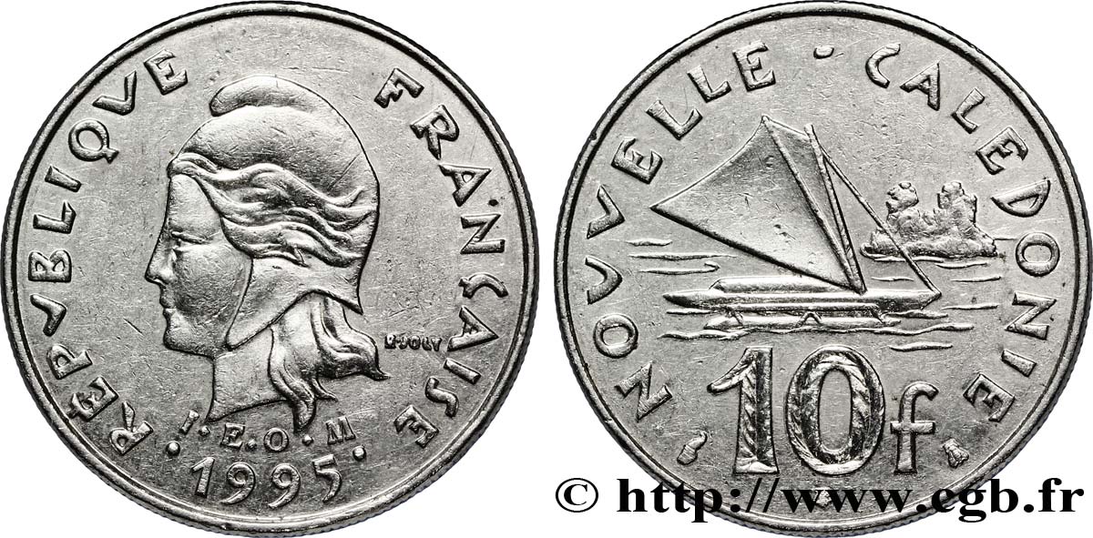 NOUVELLE CALÉDONIE 10 Francs I.E.O.M. Marianne / paysage maritime néo-calédonien avec pirogue à voile  1995 Paris TTB+ 