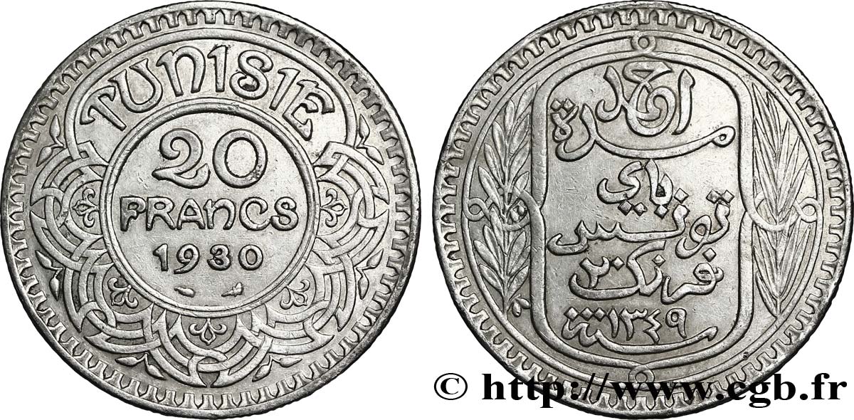 TUNISIE - PROTECTORAT FRANÇAIS 20 Francs au nom du  Bey Ahmed an 1349 1930 Paris TTB+ 