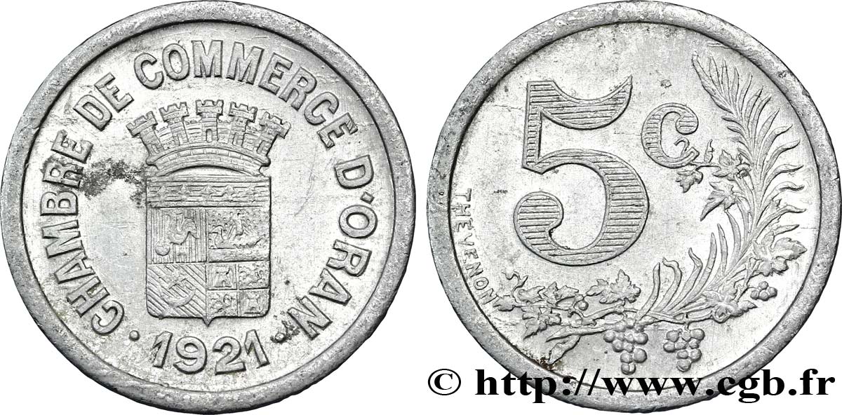 ALGERIA 5 Centimes Chambre de Commerce d’Oran 1921  SPL 