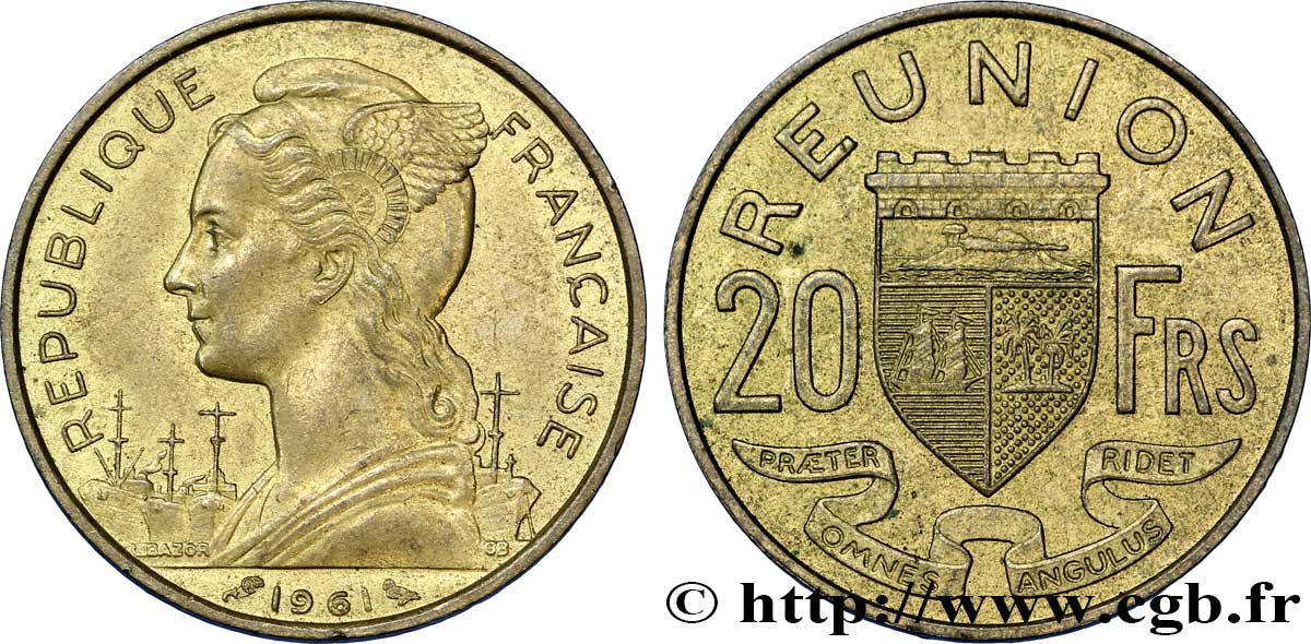 REUNION INSEL 20 Francs Marianne / armes 1961 Paris VZ 