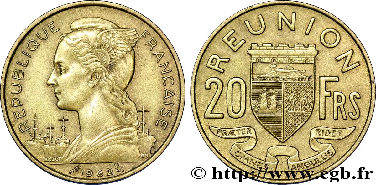 REUNION ISLAND 20 Francs Marianne / armes 1962 Paris XF 