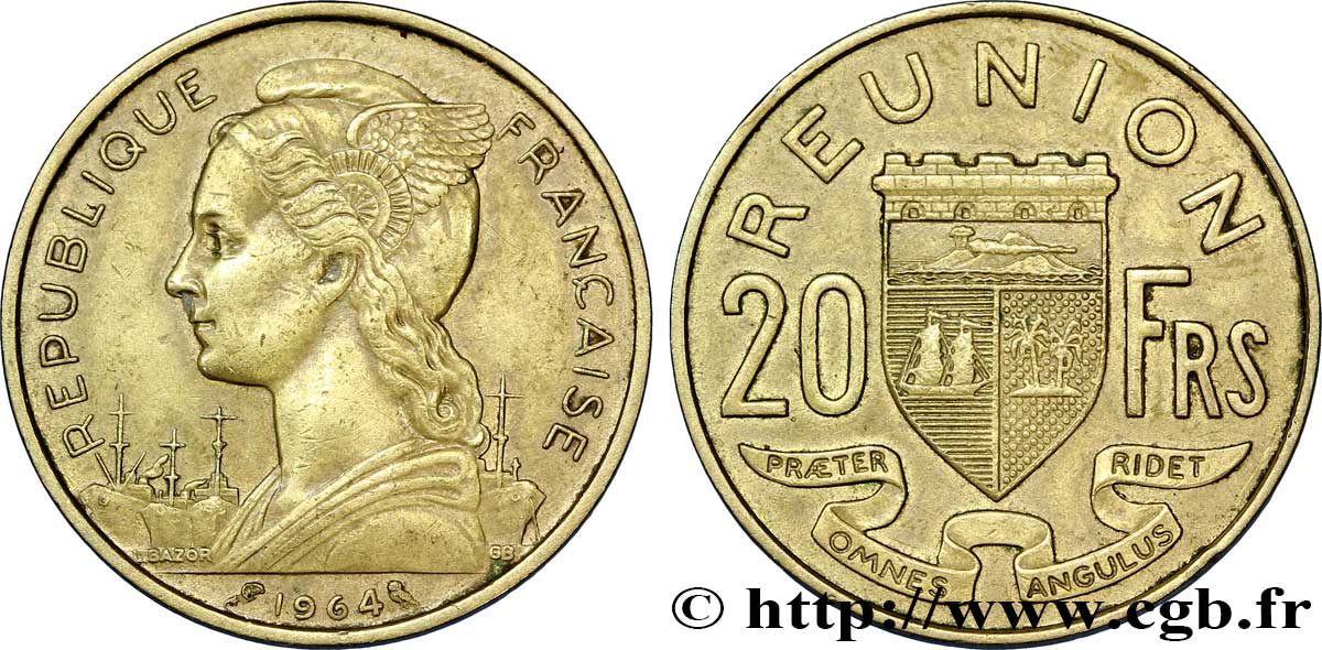 ÎLE DE LA RÉUNION 20 Francs Marianne / armes 1964 Paris TTB 