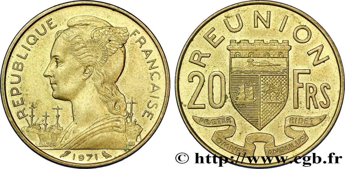 REUNION ISLAND 20 Francs Marianne / armes 1971 Paris AU 