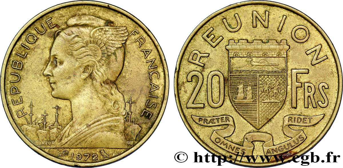 REUNION ISLAND 20 Francs Marianne / armes 1972 Paris XF 