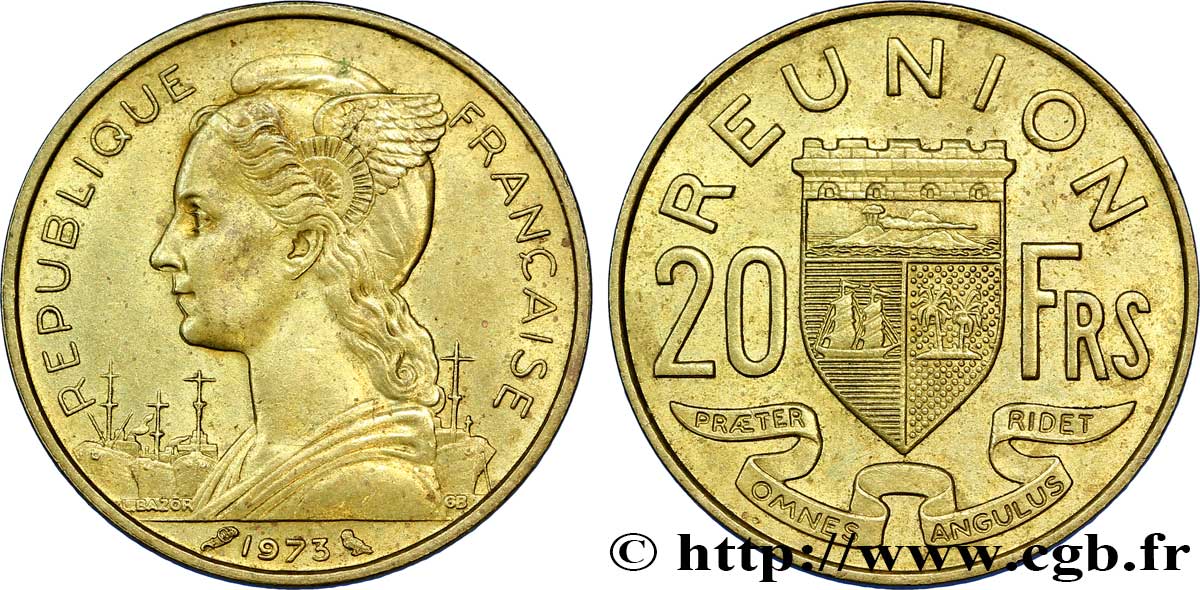 REUNION ISLAND 20 Francs Marianne / armes 1973 Paris AU 