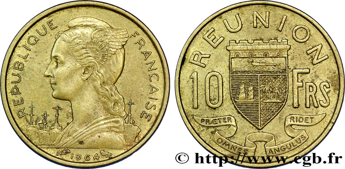 REUNION ISLAND 10 Francs 1964 Paris AU 
