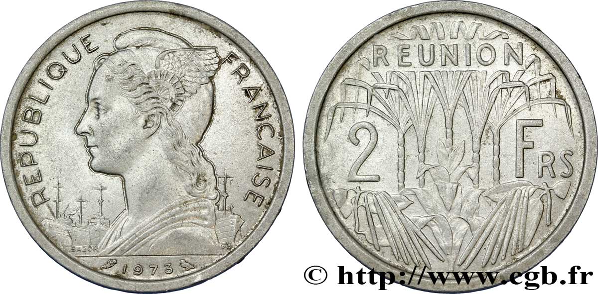 REUNION ISLAND 2 Francs buste de la République 1973 Paris AU 