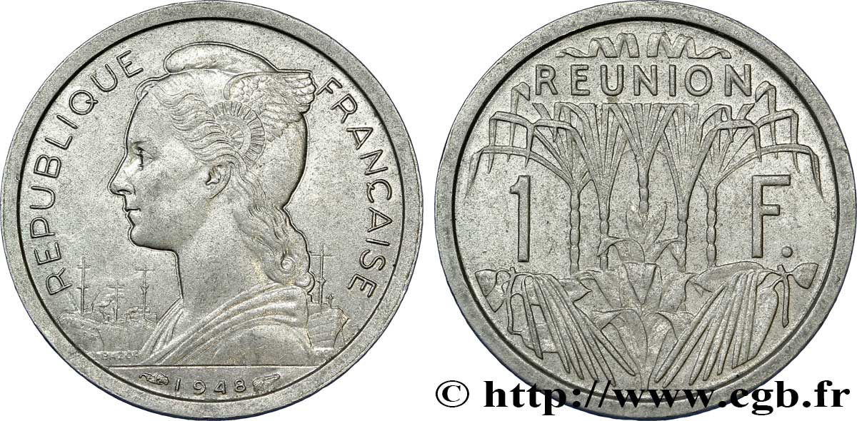 REUNION 1 Franc Marianne / canne à sucre 1948 Paris AU 
