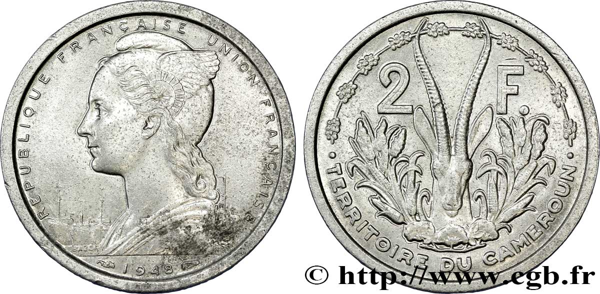 CAMERUN - UNION FRANCESA 2 Francs Marianne / antilope 1948 Paris SPL 