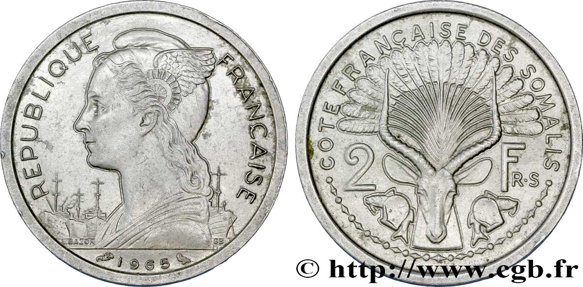 SOMALIA FRANCESE 2 Francs Marianne / antilope 1965 Paris q.SPL 