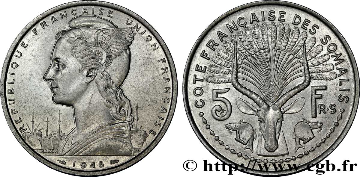 SOMALIA FRANCESA 5 Francs 1948 Paris EBC 