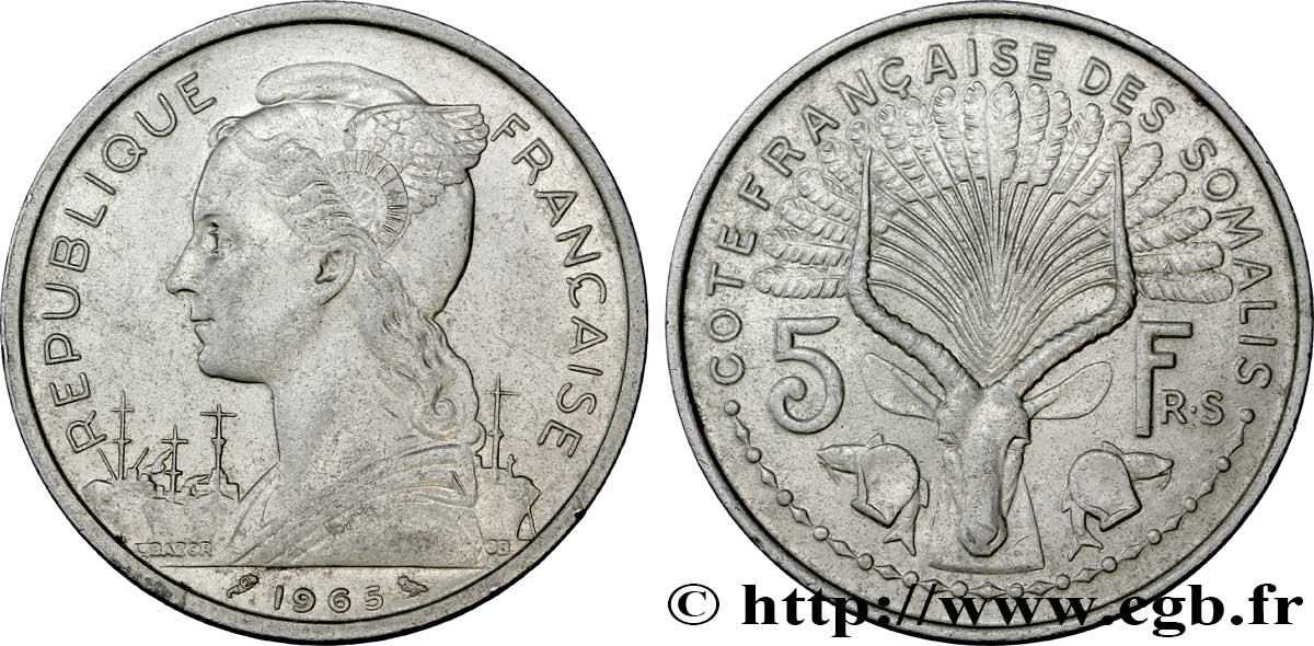 SOMALIA FRANCESA 5 Francs 1965 Paris MBC+ 