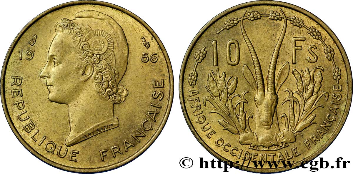 FRANZÖSISCHE WESTAFRIKA 10 Francs Marianne / antilope 1956 Paris VZ 