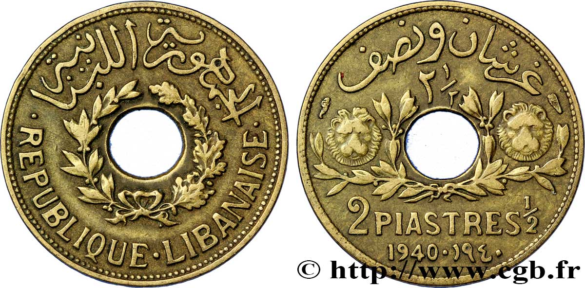 LEBANON - III REPUBLIC 2 1/2 Piastres 1940 Paris XF 