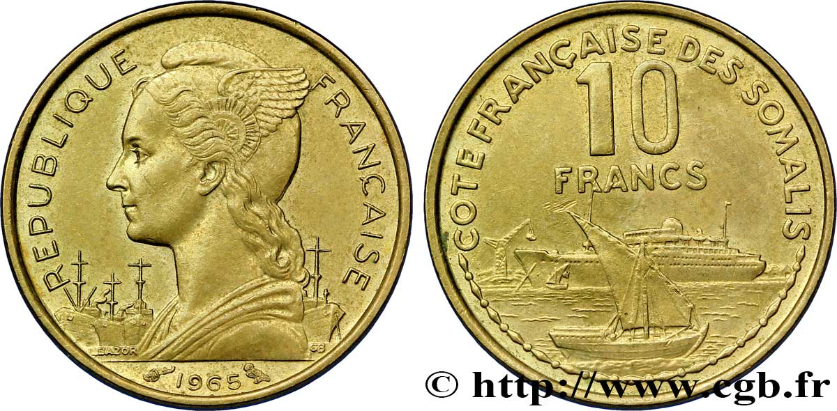 CÔTE FRANÇAISE DES SOMALIS 10 Francs Marianne / port 1965 Paris SUP 